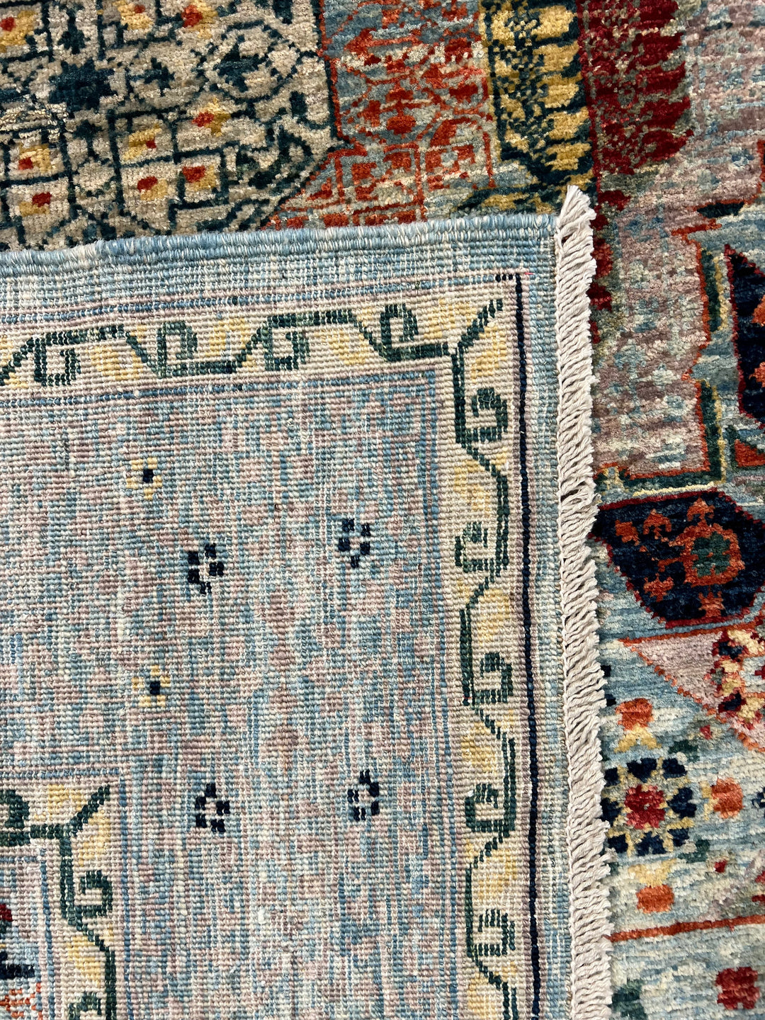 The Marlowe – Soft Blue &amp; Rust Geometric Medallion Rug – 5’0” x 6’4”