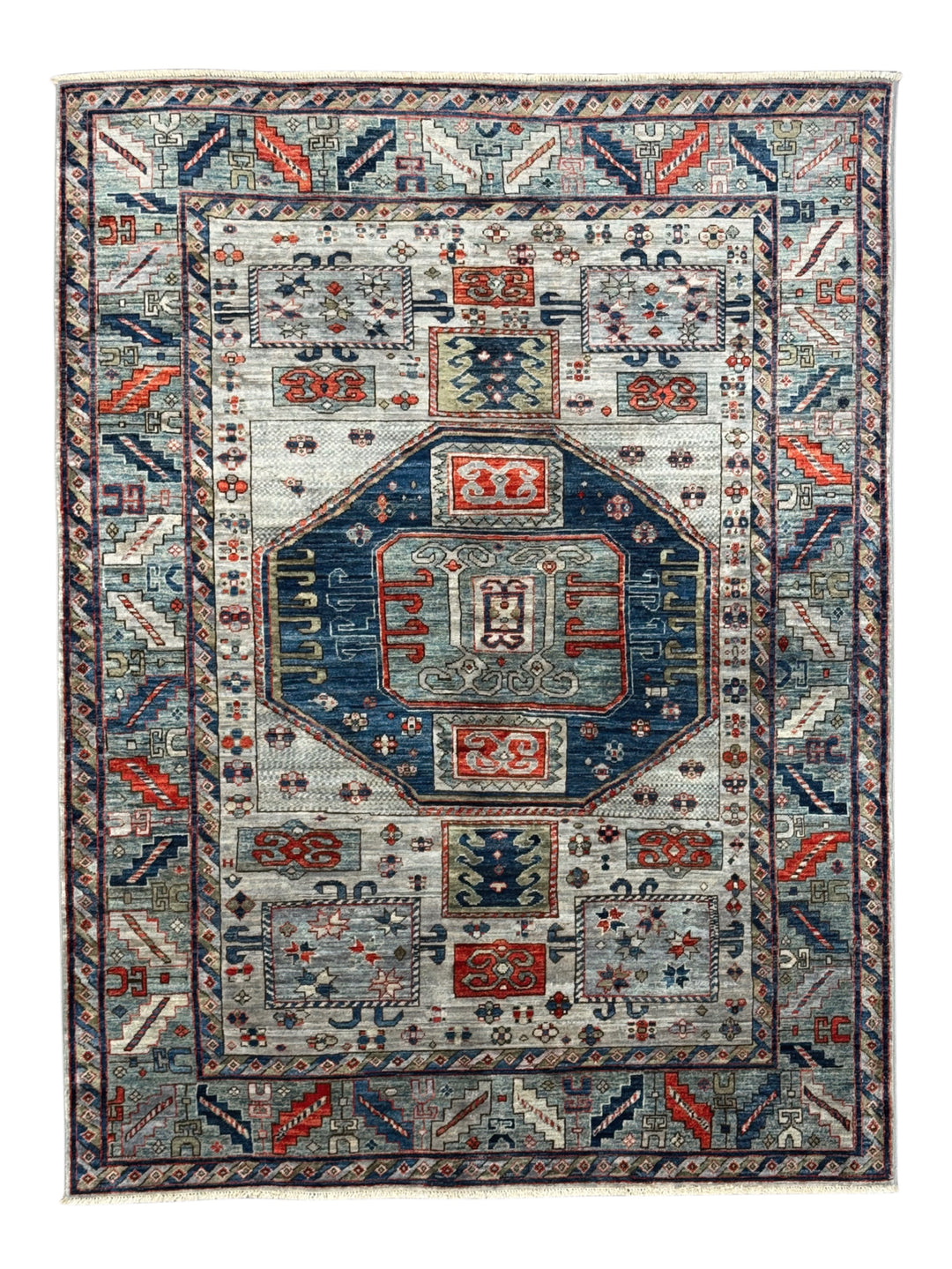 The Caspian – Slate Blue, Navy &amp; Rust Geometric Medallion Rug – 5’0” x 6’7”