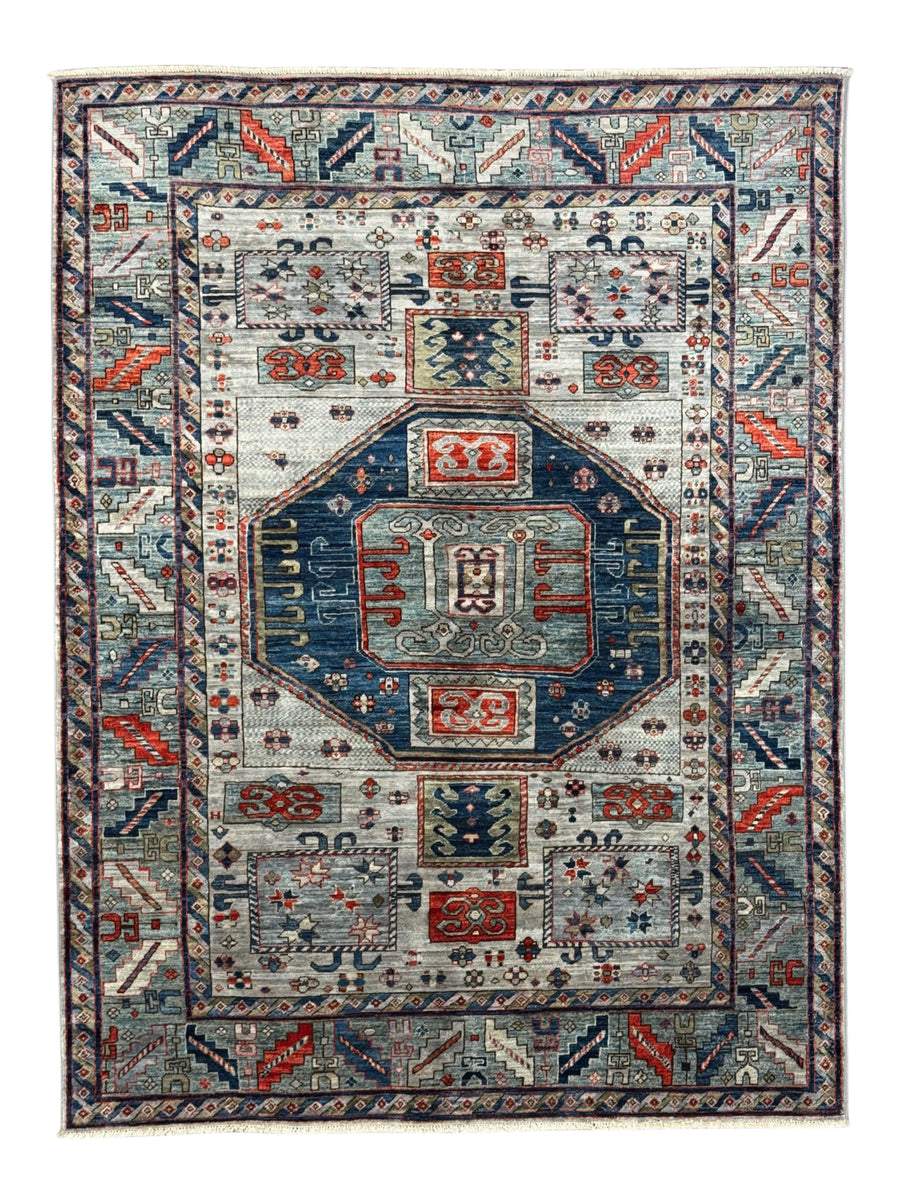 The Caspian – Slate Blue, Navy & Rust Geometric Medallion Rug – 5’0” x 6’7”