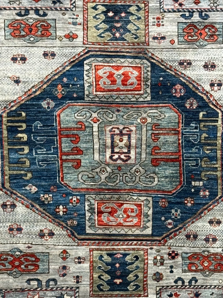 The Caspian – Slate Blue, Navy &amp; Rust Geometric Medallion Rug – 5’0” x 6’7”