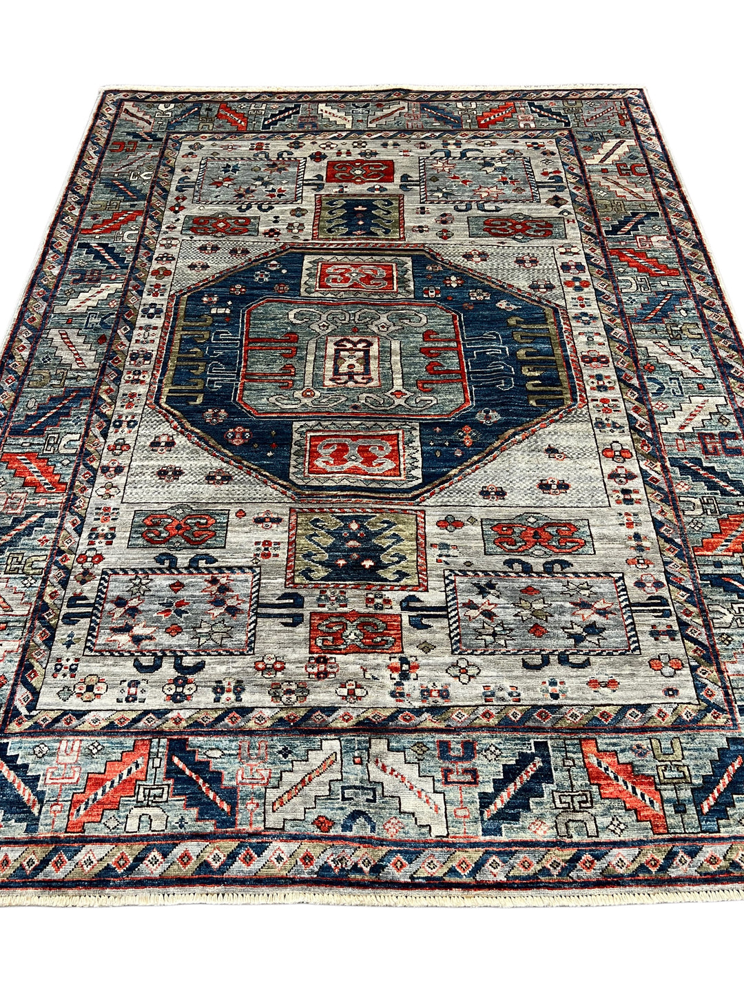 The Caspian – Slate Blue, Navy &amp; Rust Geometric Medallion Rug – 5’0” x 6’7”