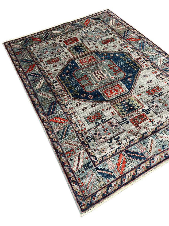The Caspian – Slate Blue, Navy &amp; Rust Geometric Medallion Rug – 5’0” x 6’7”