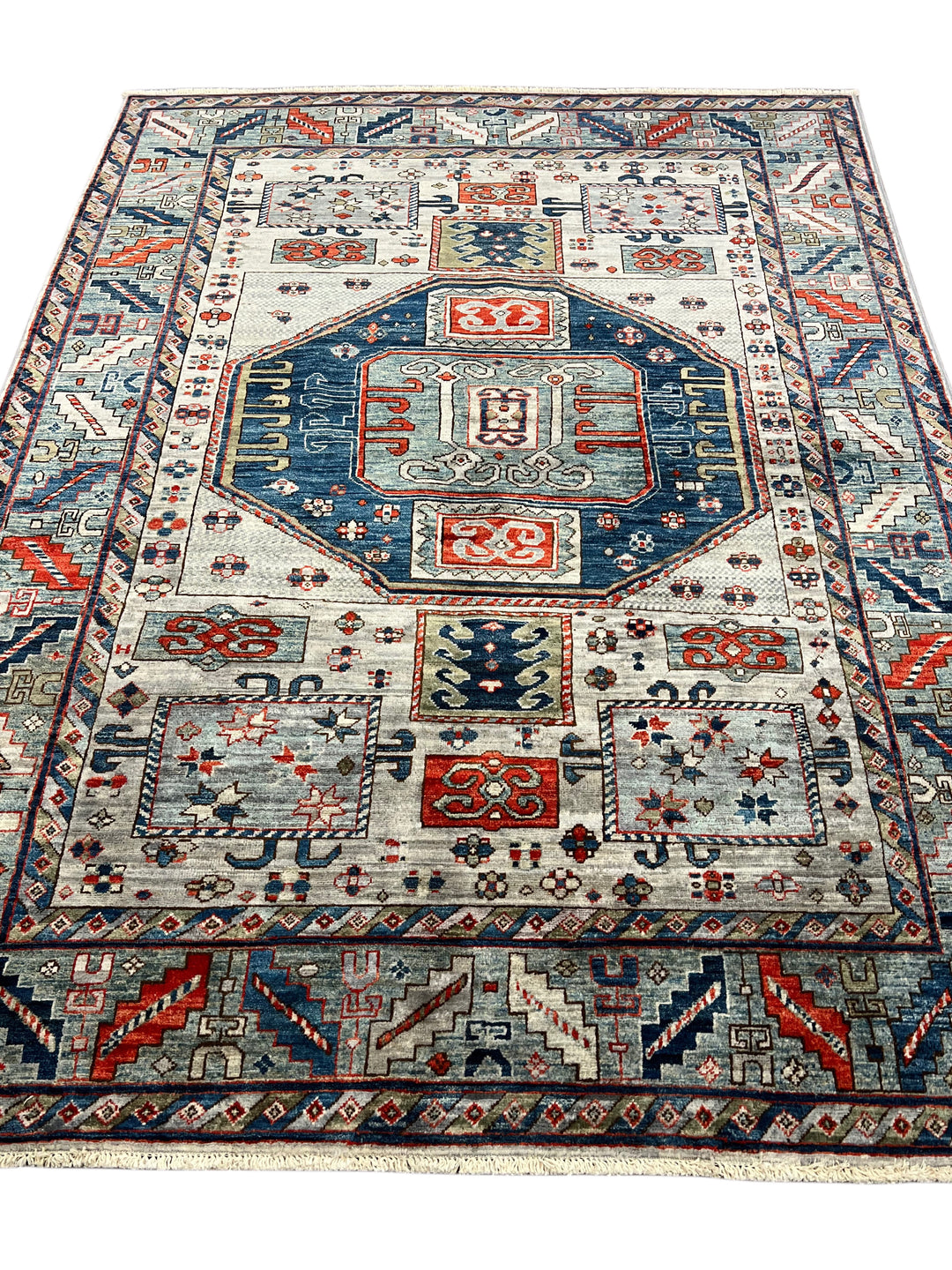 The Caspian – Slate Blue, Navy &amp; Rust Geometric Medallion Rug – 5’0” x 6’7”