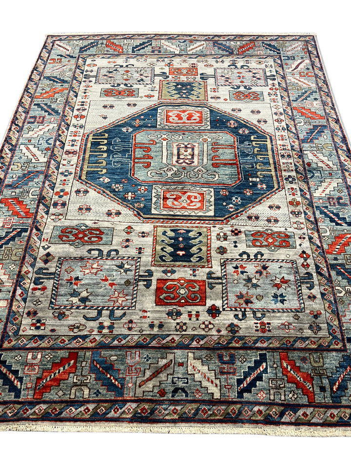 The Caspian – Slate Blue, Navy &amp; Rust Geometric Medallion Rug – 5’0” x 6’7”