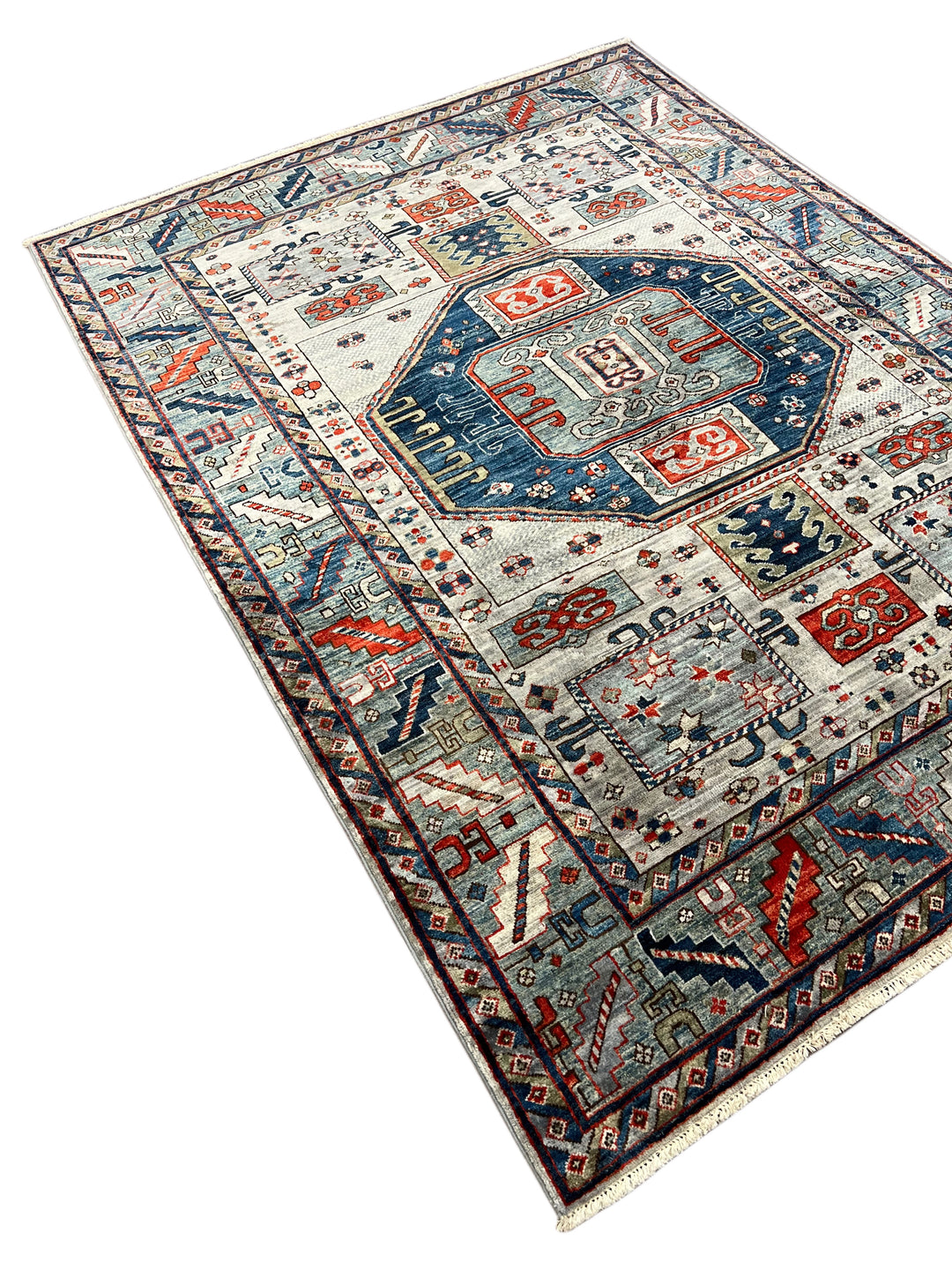 The Caspian – Slate Blue, Navy &amp; Rust Geometric Medallion Rug – 5’0” x 6’7”