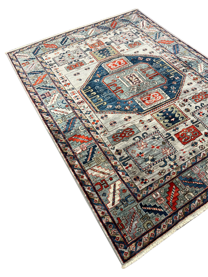 The Caspian – Slate Blue, Navy &amp; Rust Geometric Medallion Rug – 5’0” x 6’7”