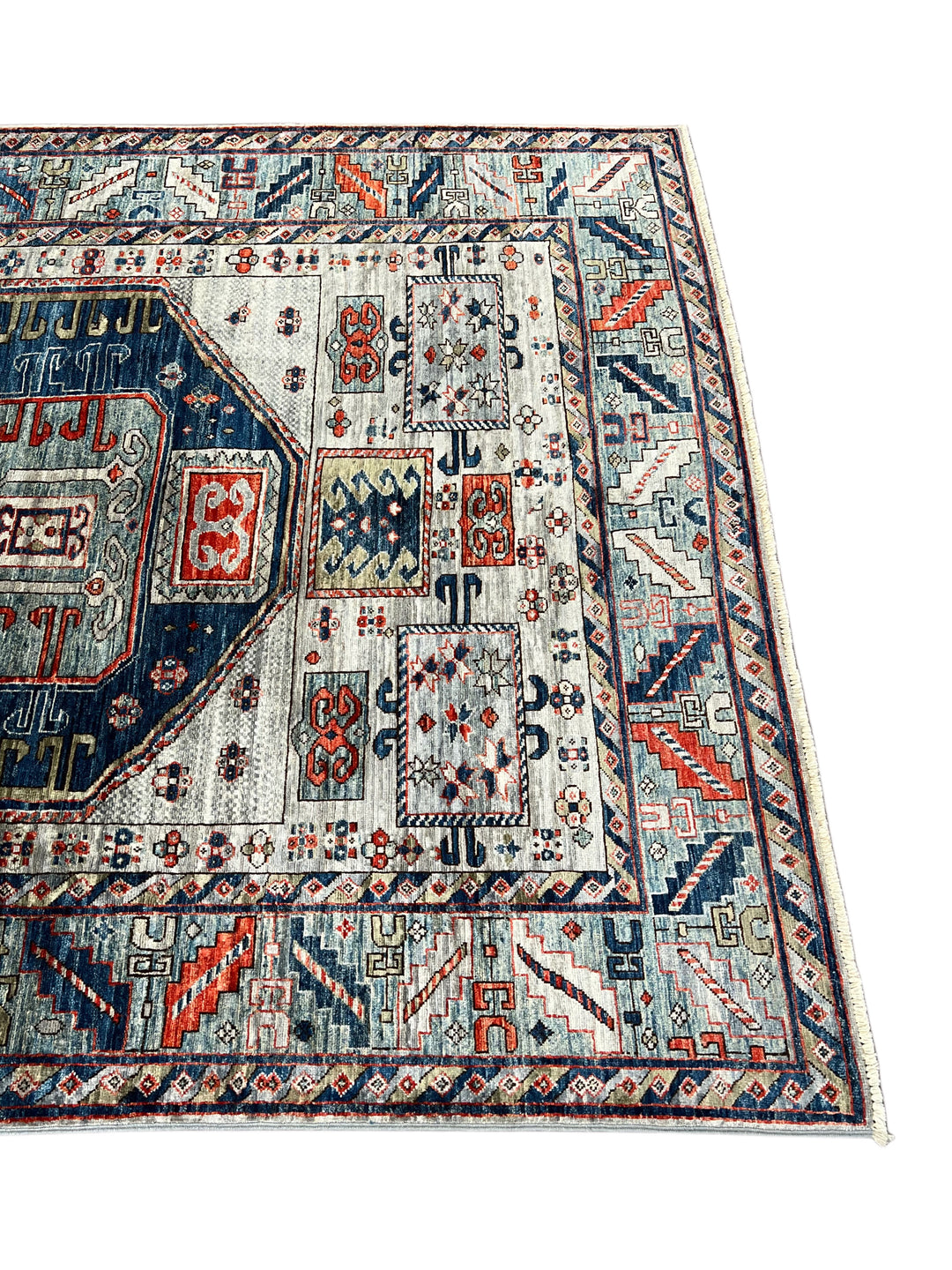 The Caspian – Slate Blue, Navy &amp; Rust Geometric Medallion Rug – 5’0” x 6’7”