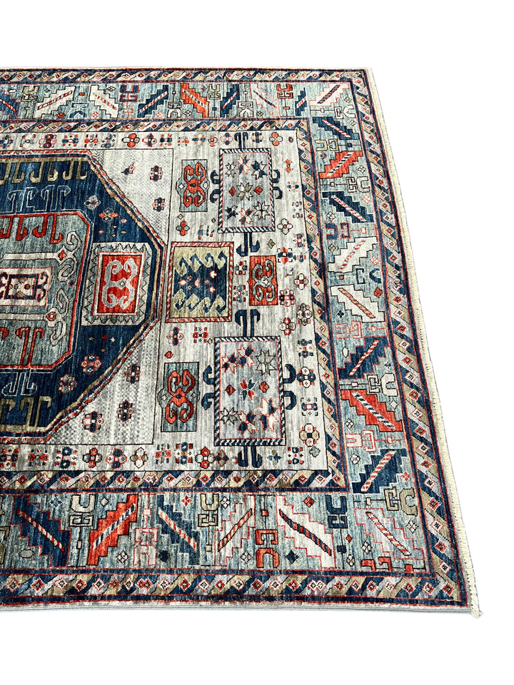 The Caspian – Slate Blue, Navy &amp; Rust Geometric Medallion Rug – 5’0” x 6’7”