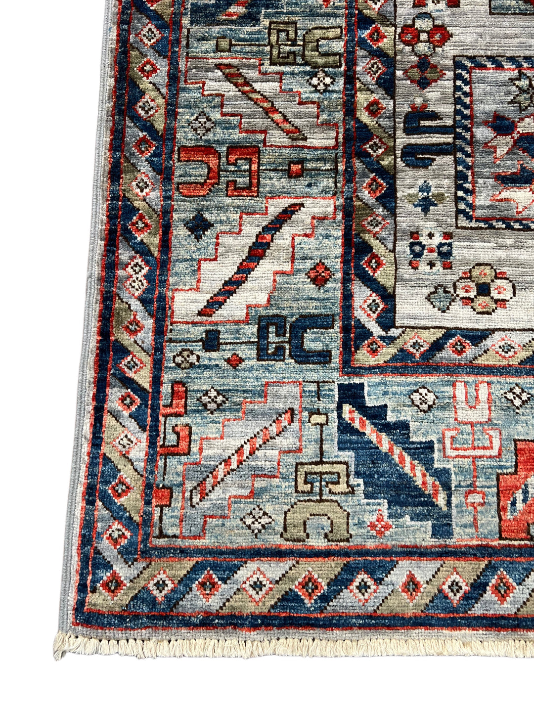The Caspian – Slate Blue, Navy &amp; Rust Geometric Medallion Rug – 5’0” x 6’7”