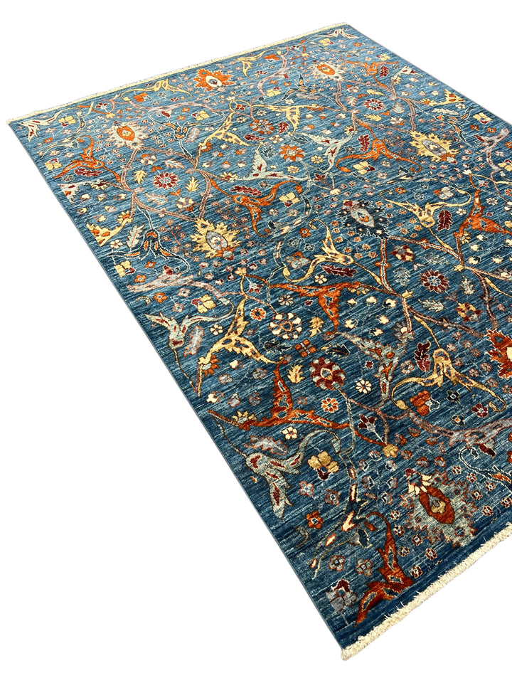 The Verona – Deep Blue, Rust &amp; Gold Floral Rug – 5’2” x 6’9”