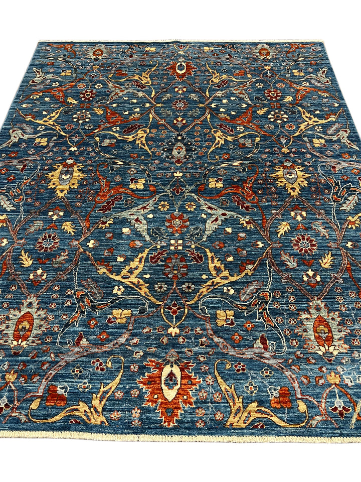 The Verona – Deep Blue, Rust &amp; Gold Floral Rug – 5’2” x 6’9”