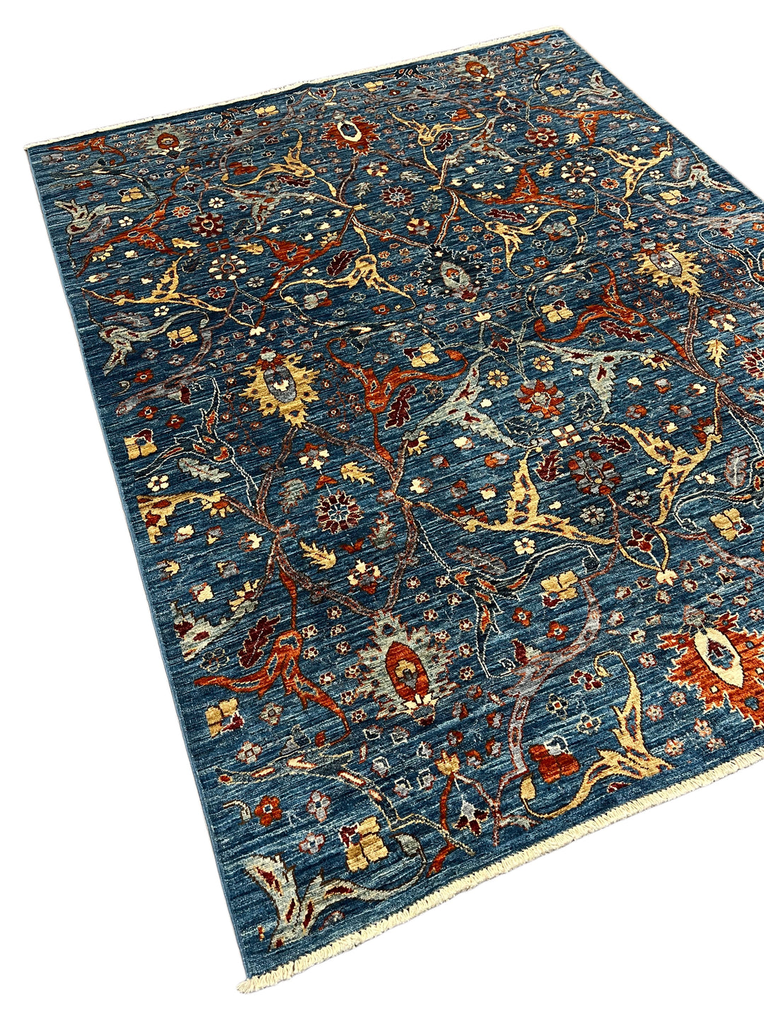 The Verona – Deep Blue, Rust &amp; Gold Floral Rug – 5’2” x 6’9”