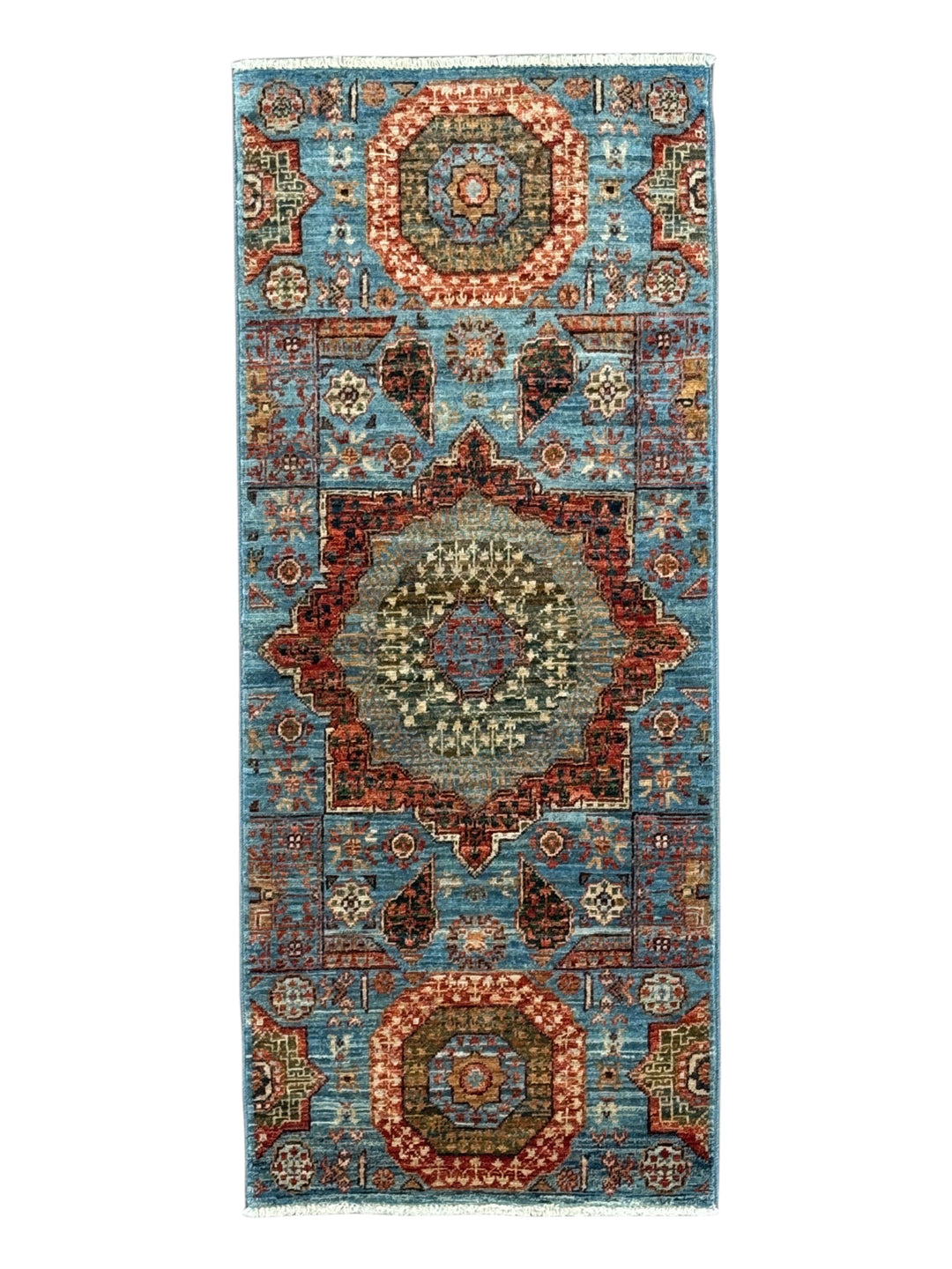 Sky Blue, Terracotta &amp; Olive Mamluk Style Runner Rug – 2’0” x 4’9”