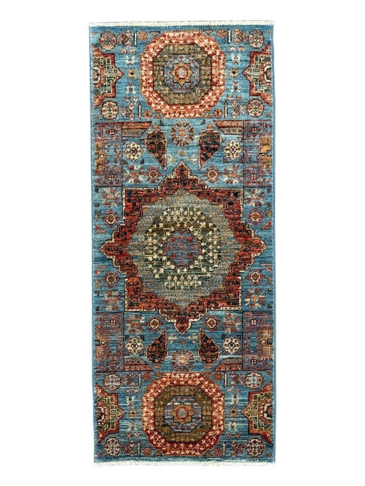 Sky Blue, Terracotta &amp; Olive Mamluk Style Runner Rug – 2’0” x 4’9”