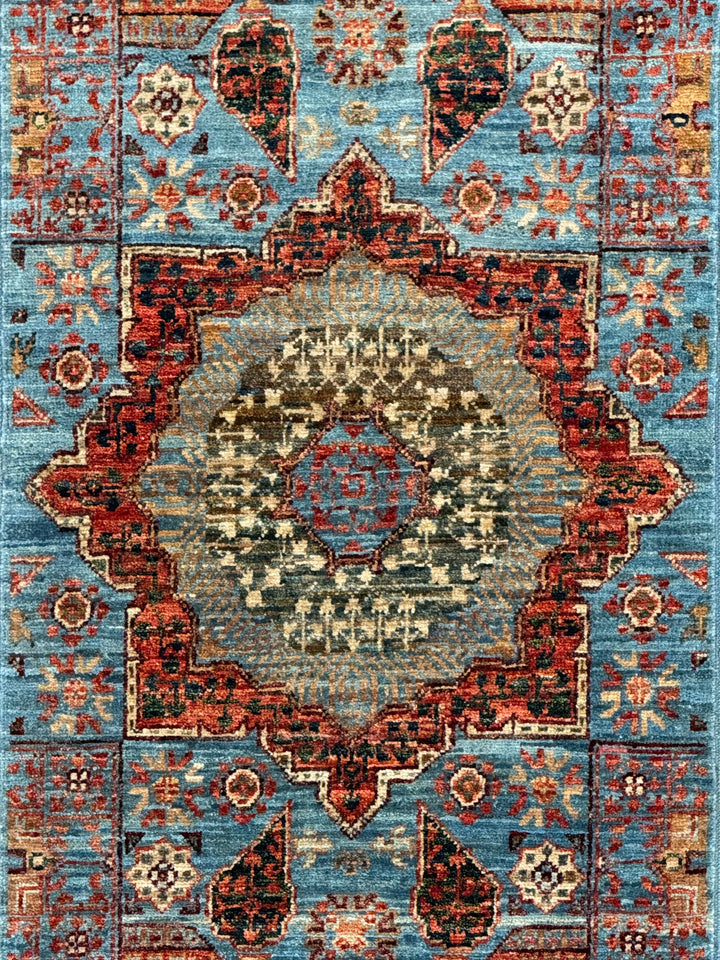 Sky Blue, Terracotta &amp; Olive Mamluk Style Runner Rug – 2’0” x 4’9”