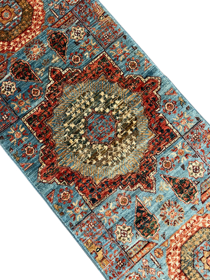 Sky Blue, Terracotta &amp; Olive Mamluk Style Runner Rug – 2’0” x 4’9”