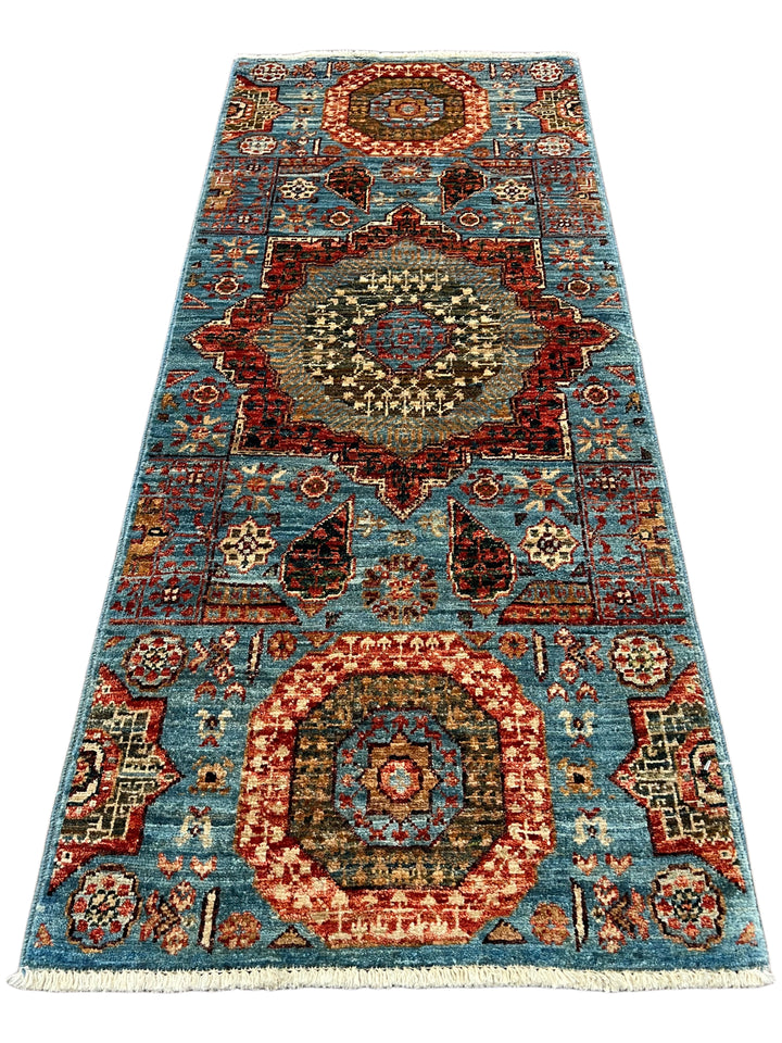 Sky Blue, Terracotta &amp; Olive Mamluk Style Runner Rug – 2’0” x 4’9”