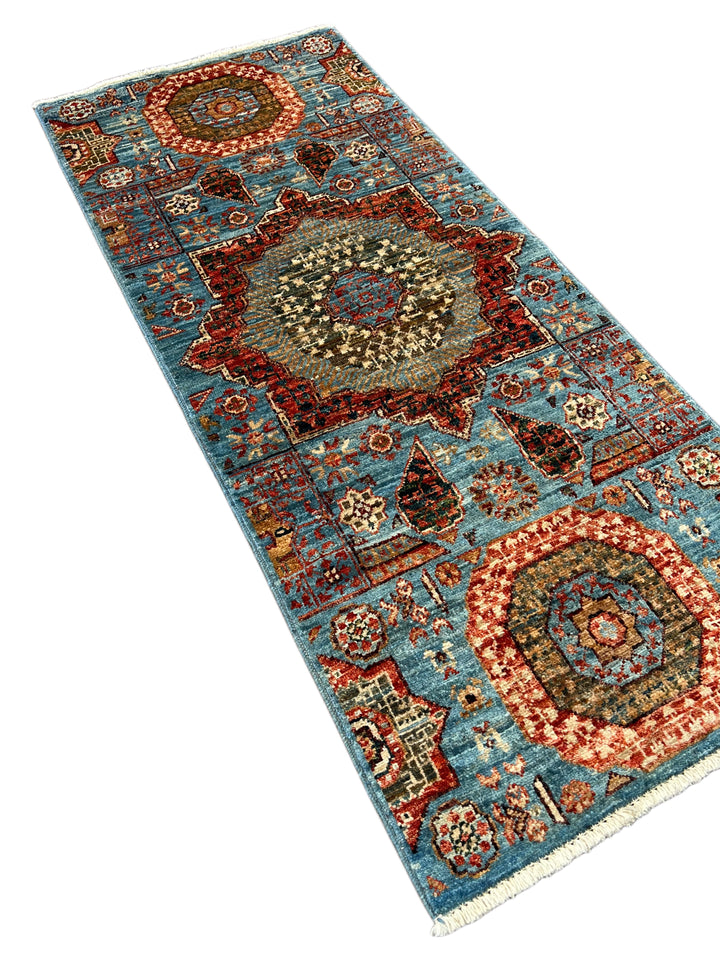 Sky Blue, Terracotta &amp; Olive Mamluk Style Runner Rug – 2’0” x 4’9”