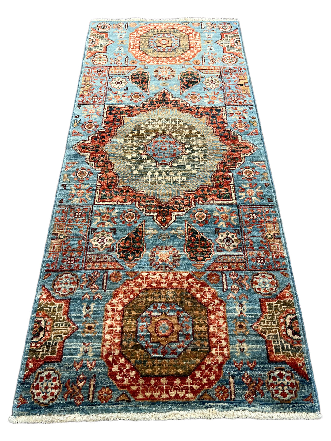 Sky Blue, Terracotta &amp; Olive Mamluk Style Runner Rug – 2’0” x 4’9”