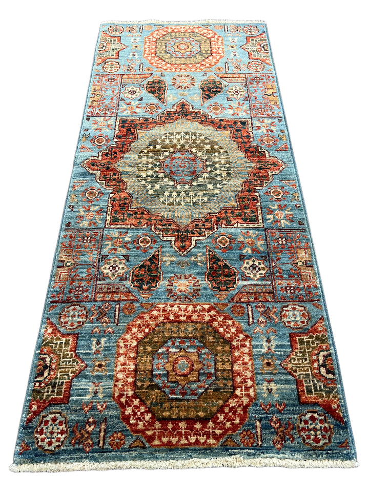 Sky Blue, Terracotta &amp; Olive Mamluk Style Runner Rug – 2’0” x 4’9”