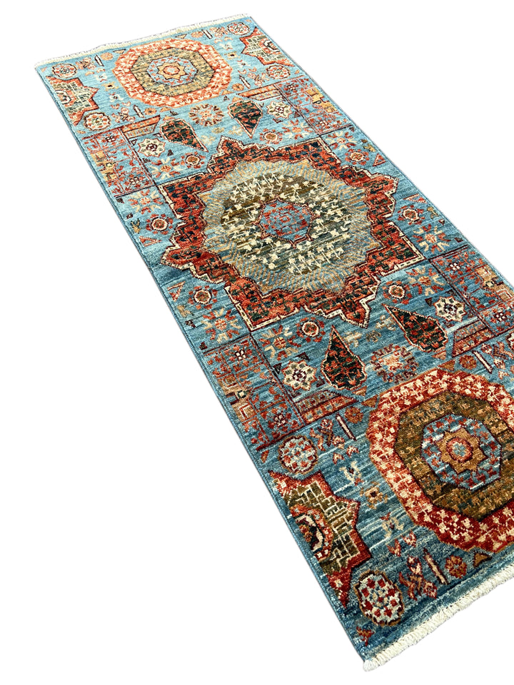 Sky Blue, Terracotta &amp; Olive Mamluk Style Runner Rug – 2’0” x 4’9”