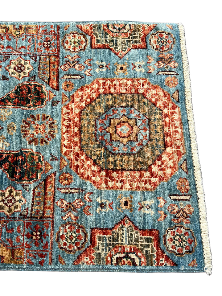 Sky Blue, Terracotta &amp; Olive Mamluk Style Runner Rug – 2’0” x 4’9”