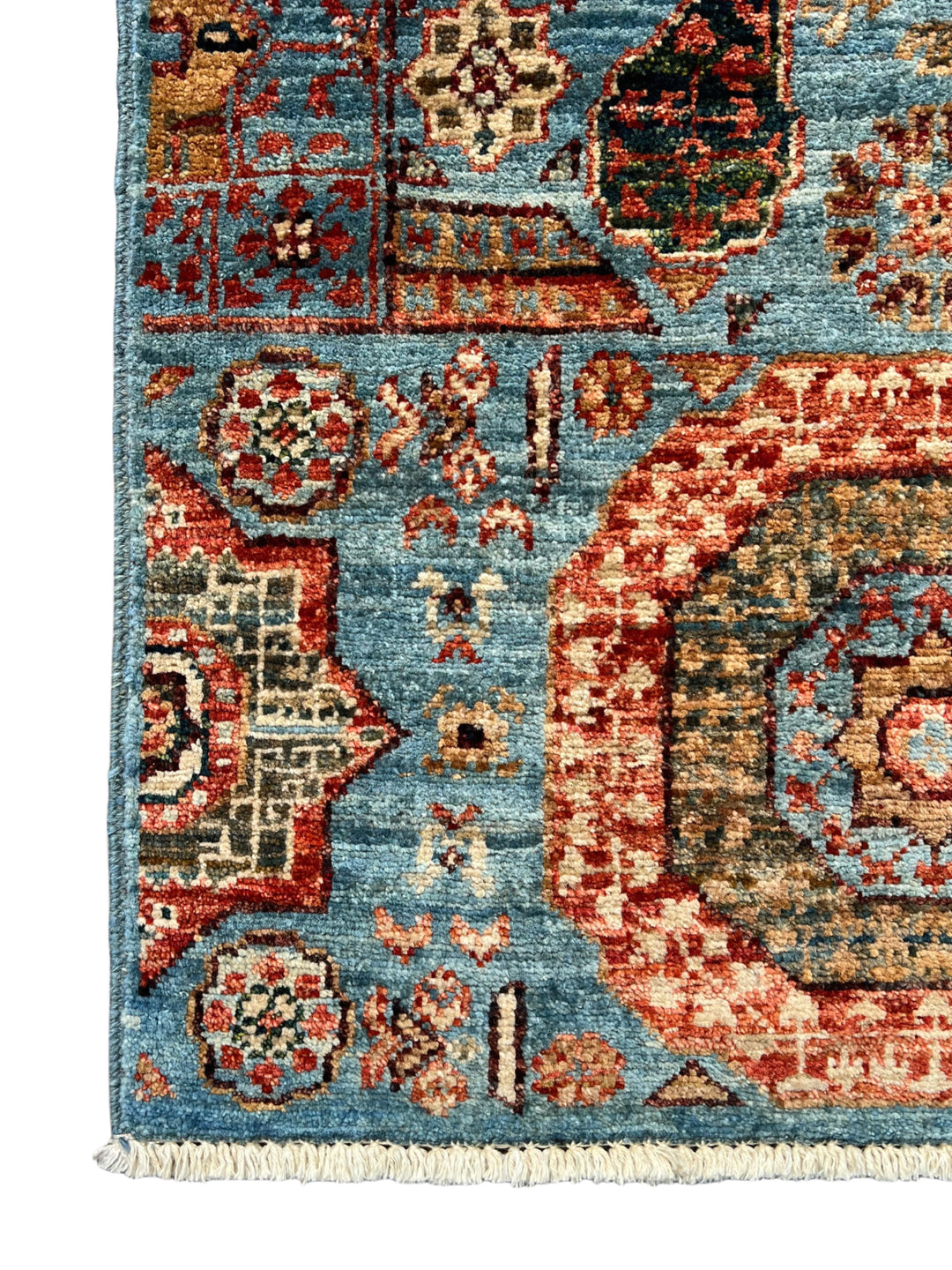 Sky Blue, Terracotta &amp; Olive Mamluk Style Runner Rug – 2’0” x 4’9”