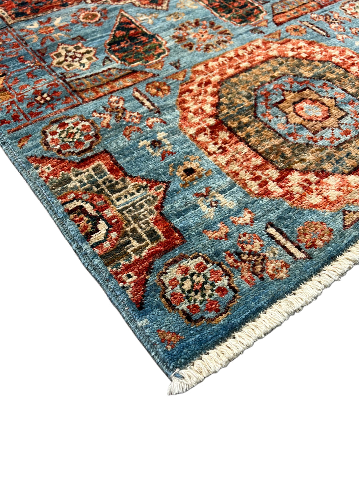 Sky Blue, Terracotta &amp; Olive Mamluk Style Runner Rug – 2’0” x 4’9”
