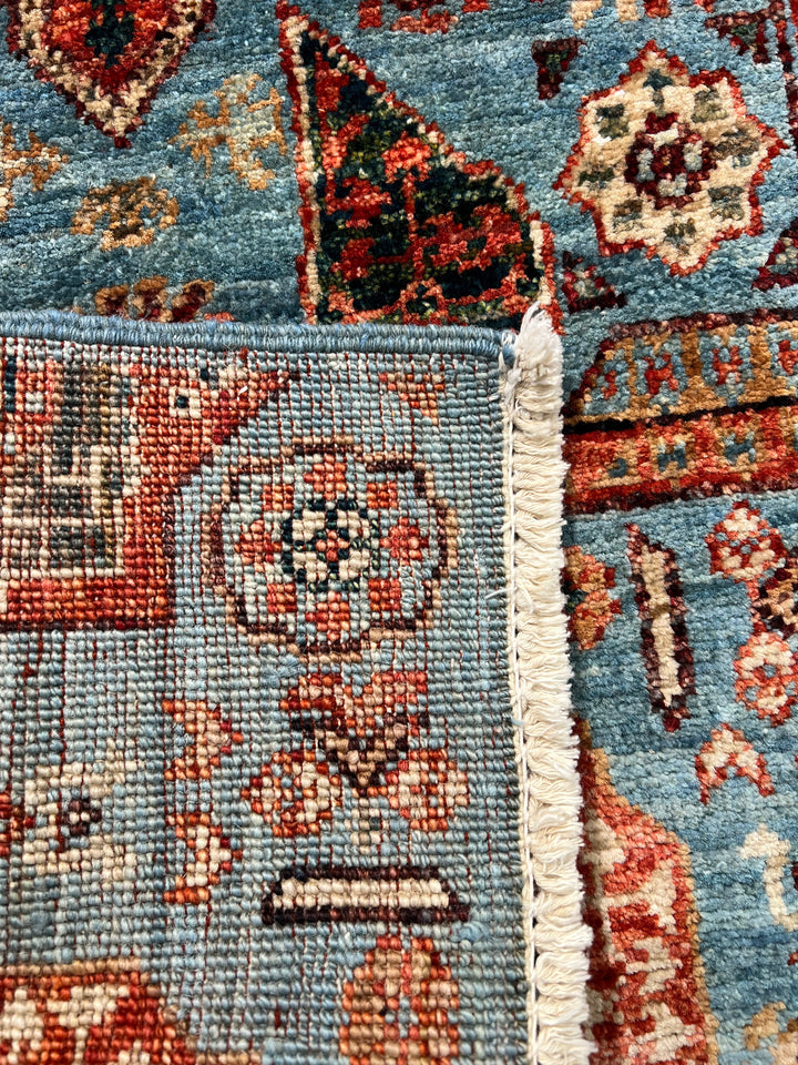 Sky Blue, Terracotta &amp; Olive Mamluk Style Runner Rug – 2’0” x 4’9”