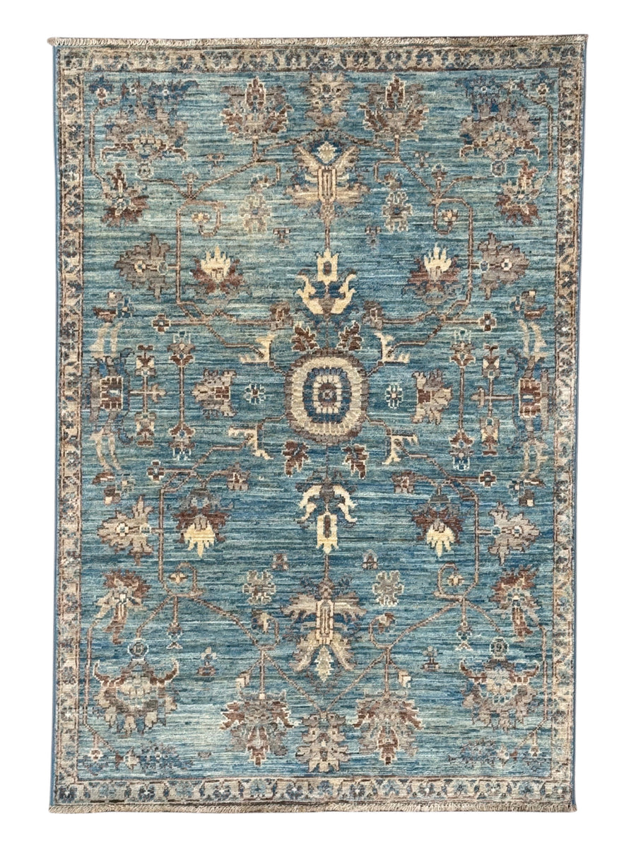 Azzurro – Aqua Blue & Taupe Floral Rug – 3’4” x 4’11”