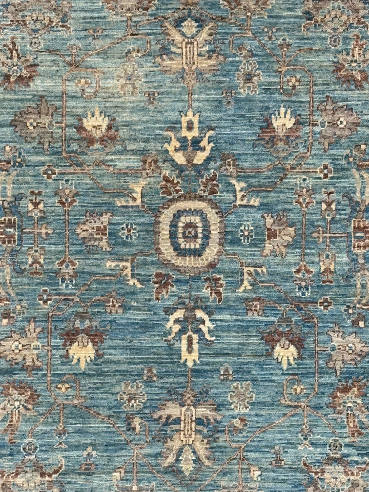 Azzurro – Aqua Blue &amp; Taupe Floral Rug – 3’4” x 4’11”