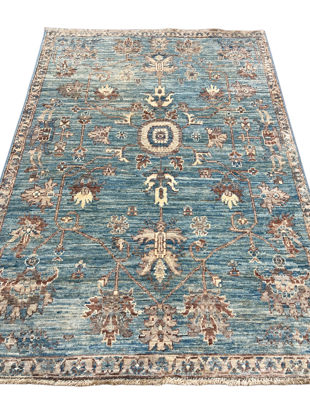 Azzurro – Aqua Blue &amp; Taupe Floral Rug – 3’4” x 4’11”