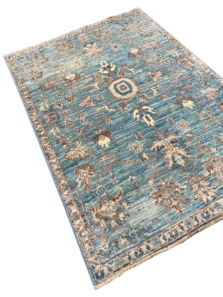 Azzurro – Aqua Blue &amp; Taupe Floral Rug – 3’4” x 4’11”