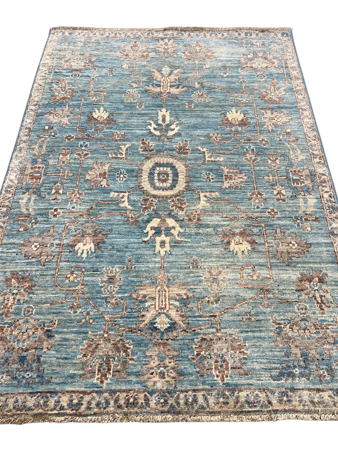 Azzurro – Aqua Blue &amp; Taupe Floral Rug – 3’4” x 4’11”