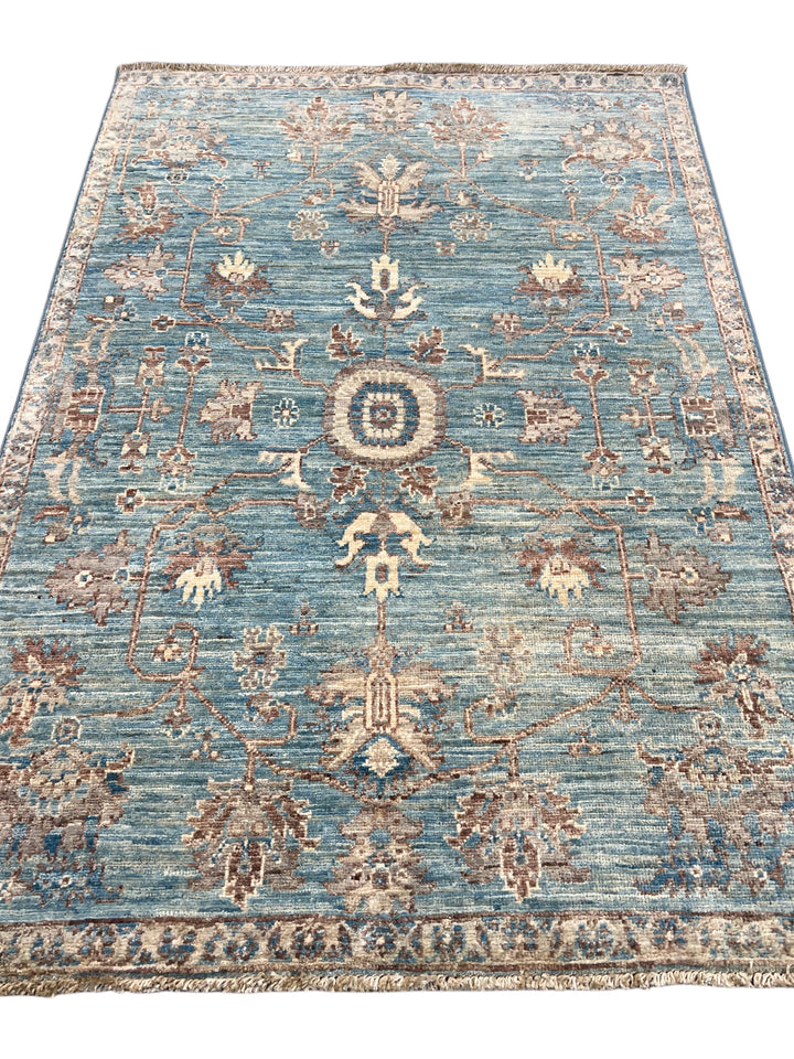 Azzurro – Aqua Blue &amp; Taupe Floral Rug – 3’4” x 4’11”