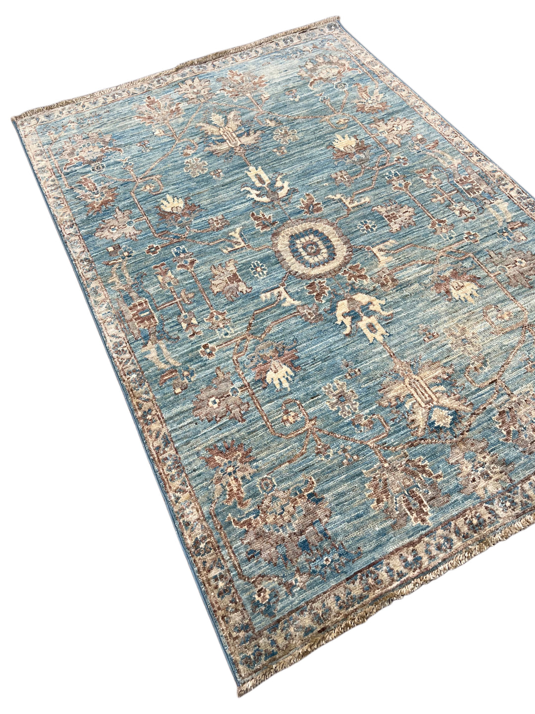 Azzurro – Aqua Blue &amp; Taupe Floral Rug – 3’4” x 4’11”
