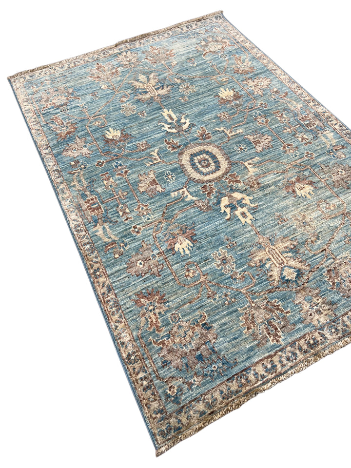 Azzurro – Aqua Blue &amp; Taupe Floral Rug – 3’4” x 4’11”