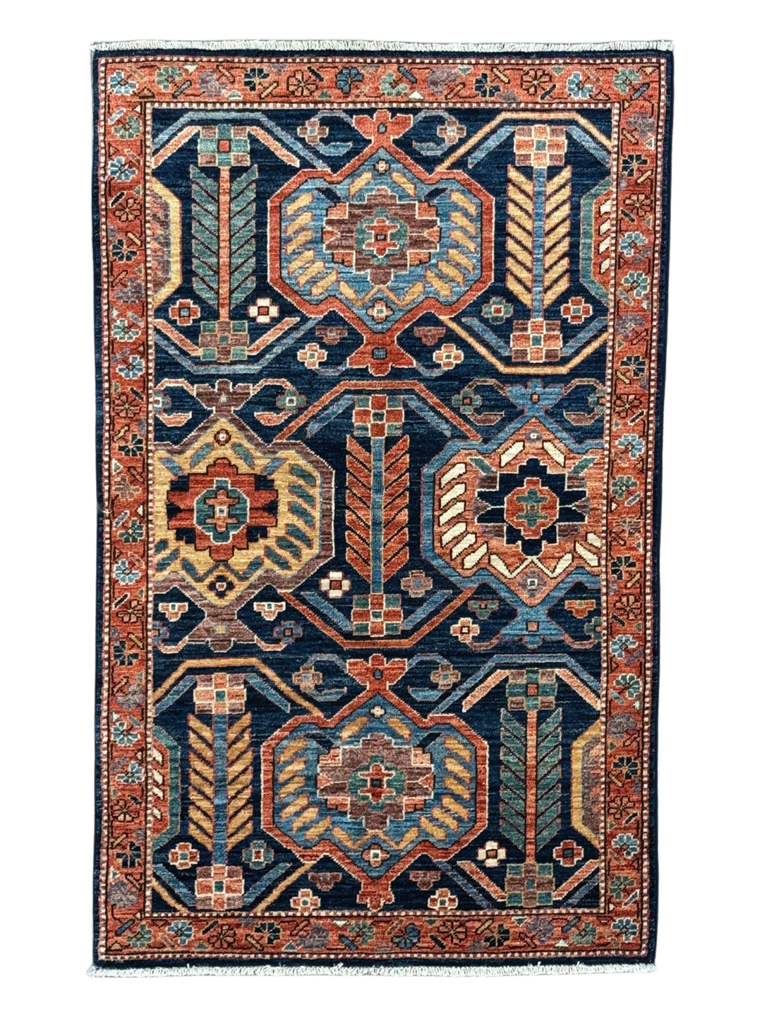 Arden – Navy &amp; Rust Geometric Floral Rug – 3’2” x 5’0”
