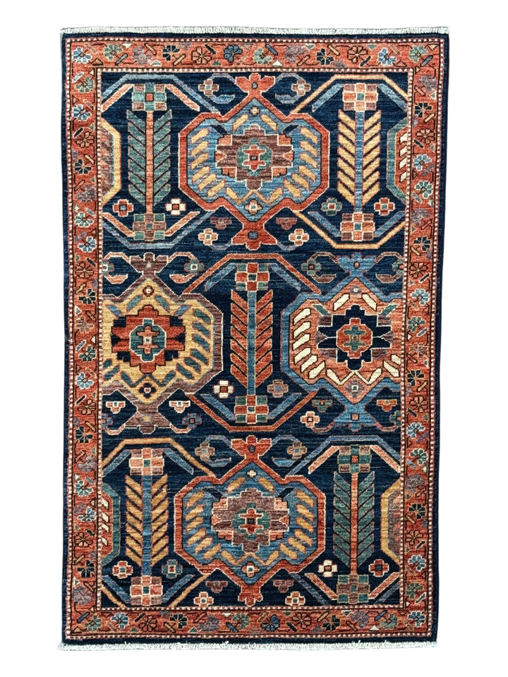 Arden – Navy &amp; Rust Geometric Floral Rug – 3’2” x 5’0”