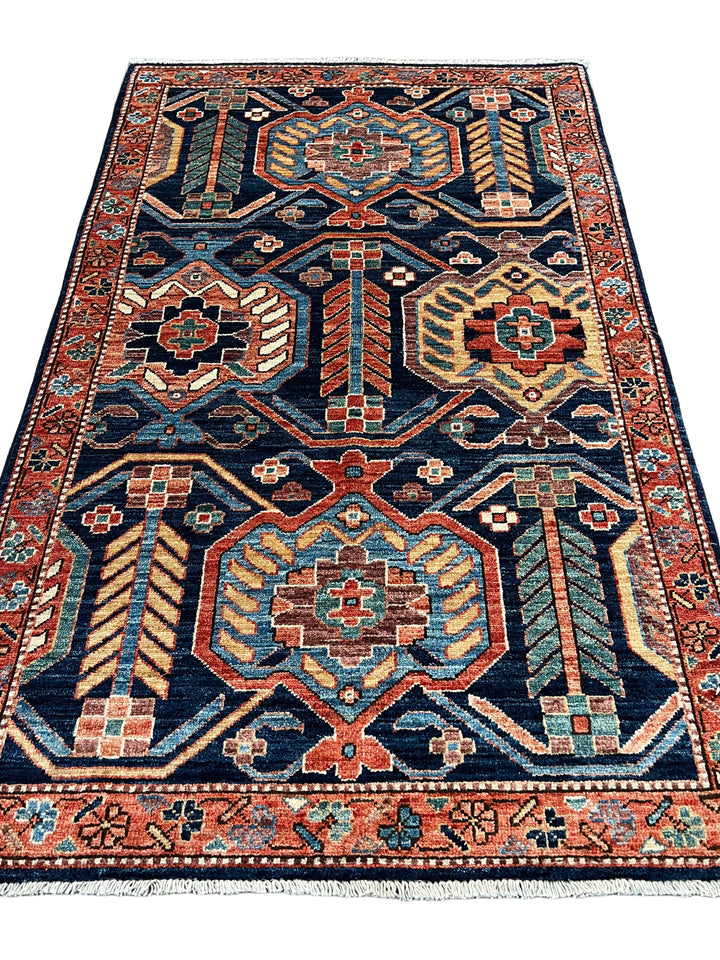 Arden – Navy &amp; Rust Geometric Floral Rug – 3’2” x 5’0”