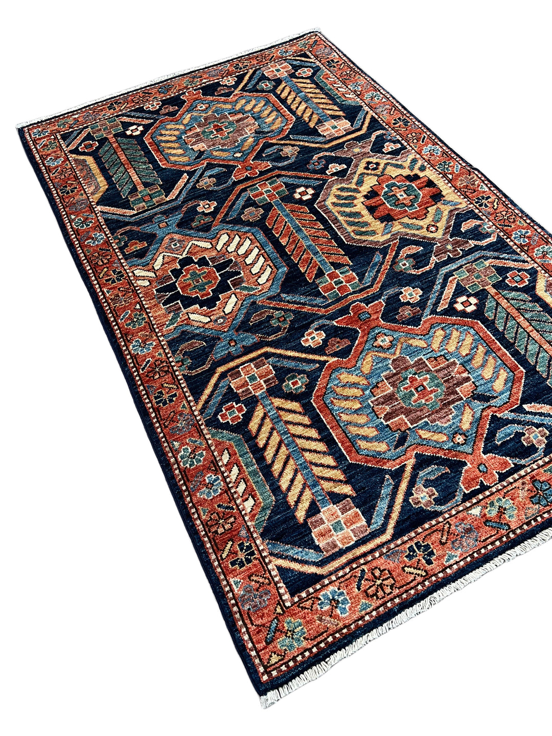 Arden – Navy &amp; Rust Geometric Floral Rug – 3’2” x 5’0”