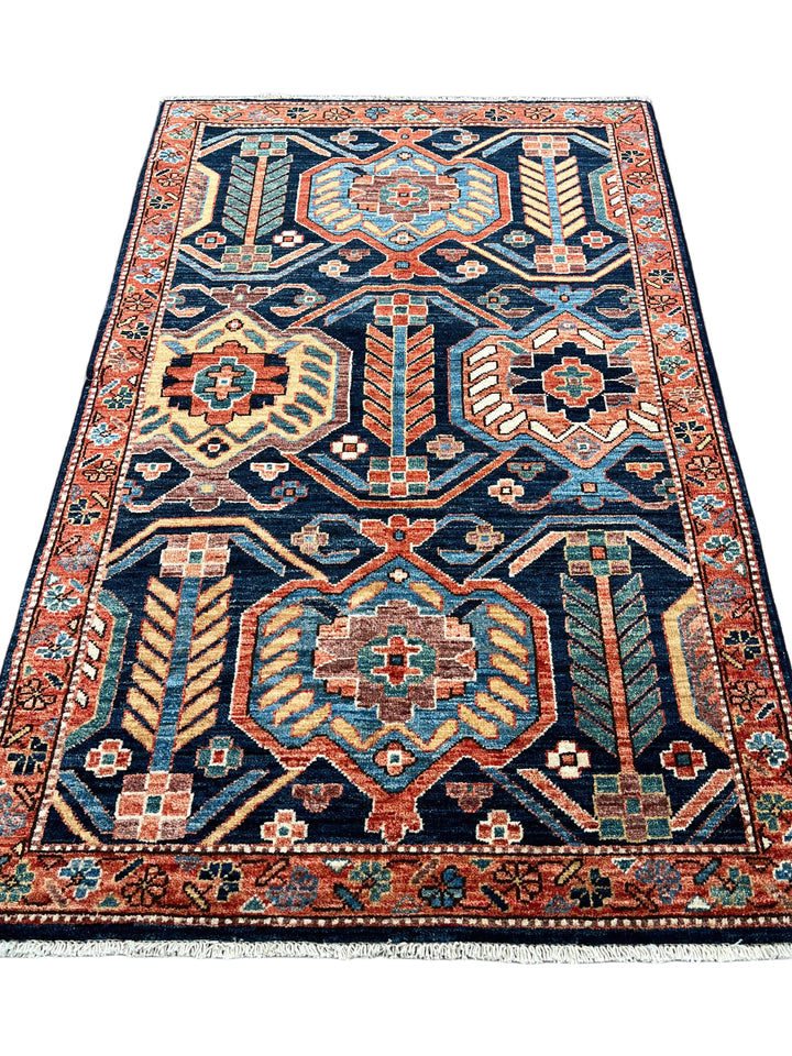 Arden – Navy &amp; Rust Geometric Floral Rug – 3’2” x 5’0”