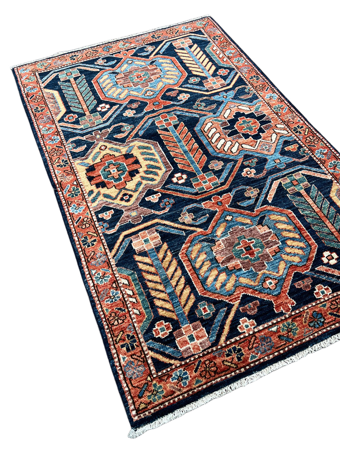 Arden – Navy &amp; Rust Geometric Floral Rug – 3’2” x 5’0”