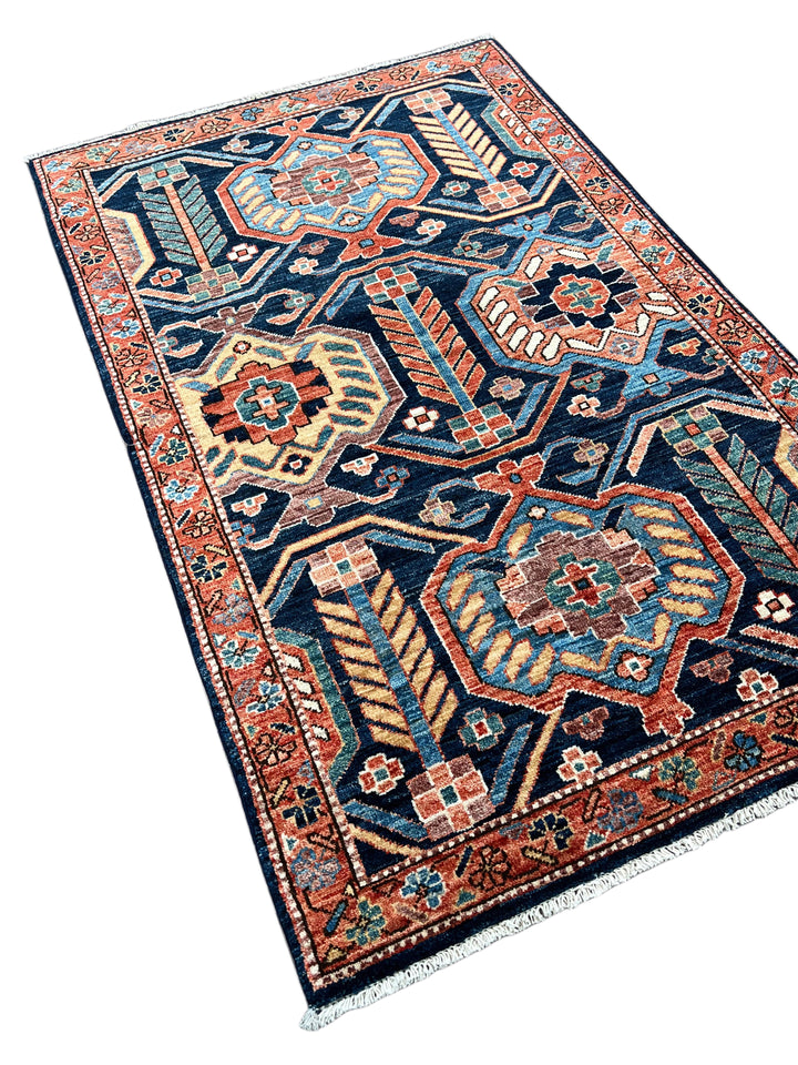 Arden – Navy &amp; Rust Geometric Floral Rug – 3’2” x 5’0”