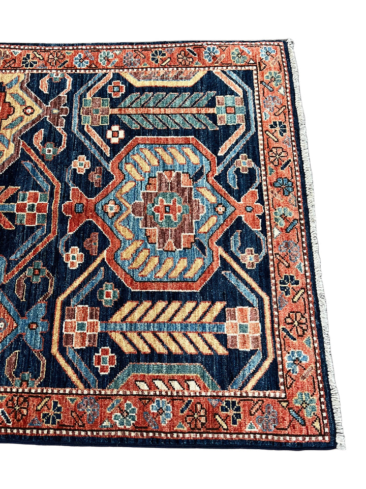 Arden – Navy &amp; Rust Geometric Floral Rug – 3’2” x 5’0”