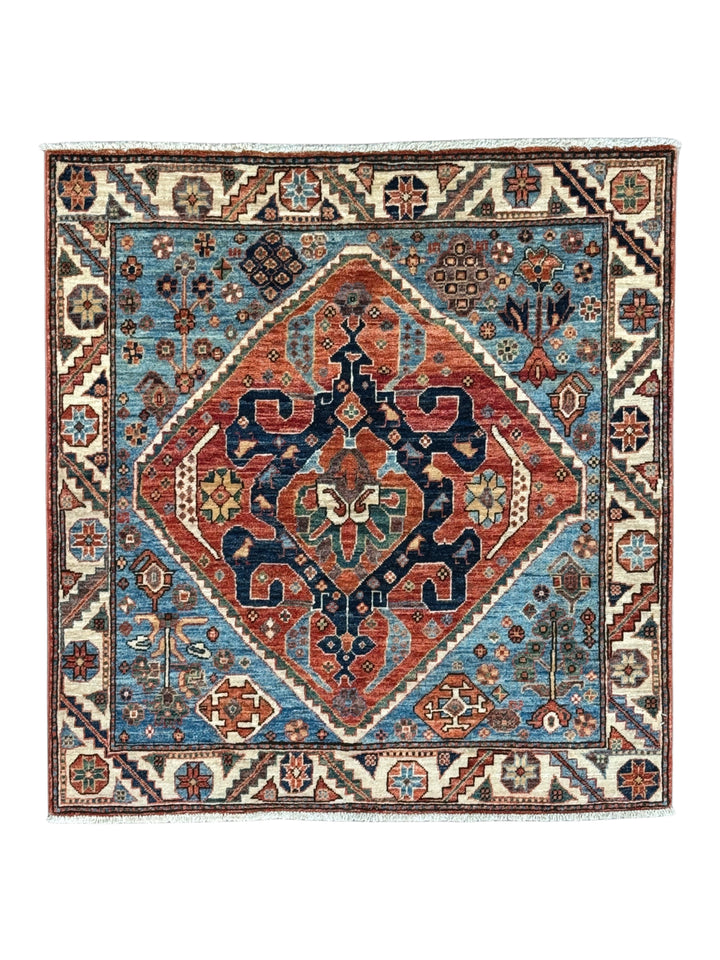 Samarkand – Sky Blue &amp; Terracotta Square Geometric Medallion Rug – 4’1” x 4’2”