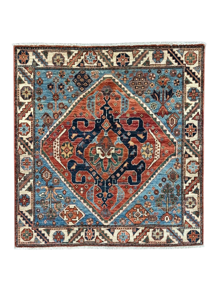Samarkand – Sky Blue & Terracotta Square Geometric Medallion Rug – 4’1” x 4’2”