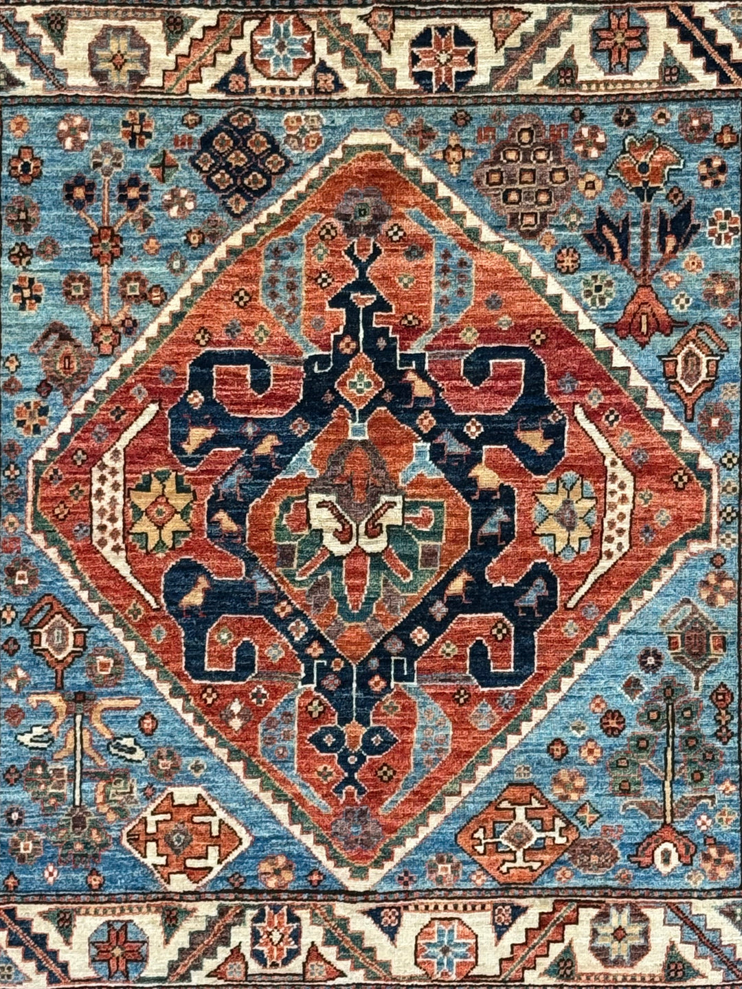 Samarkand – Sky Blue &amp; Terracotta Square Geometric Medallion Rug – 4’1” x 4’2”