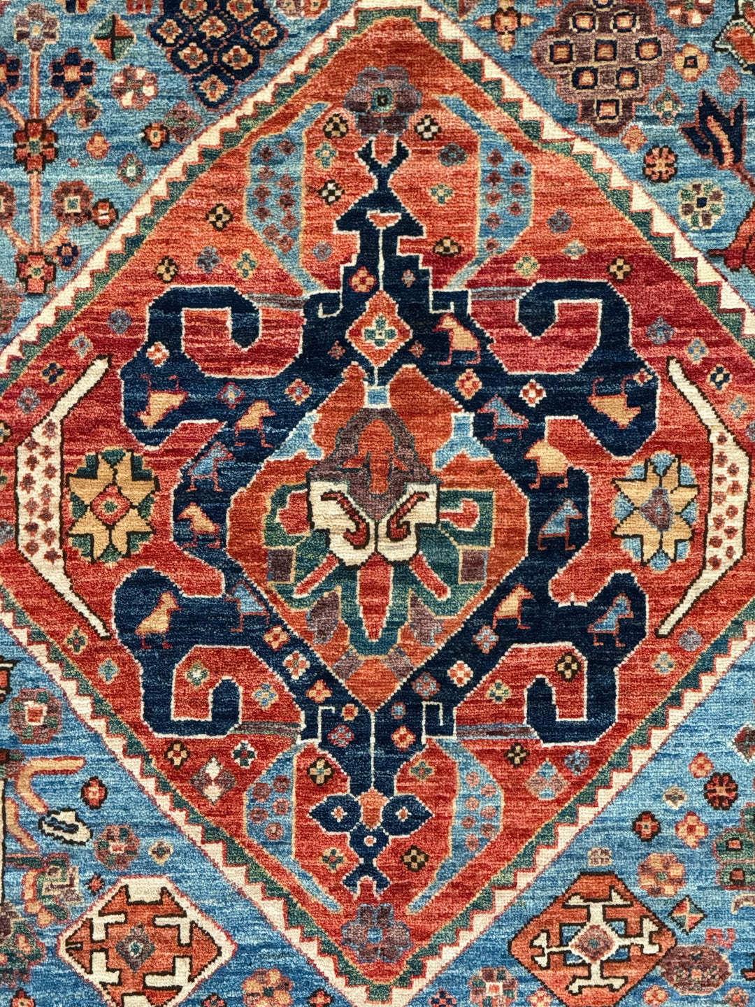 Samarkand – Sky Blue &amp; Terracotta Square Geometric Medallion Rug – 4’1” x 4’2”