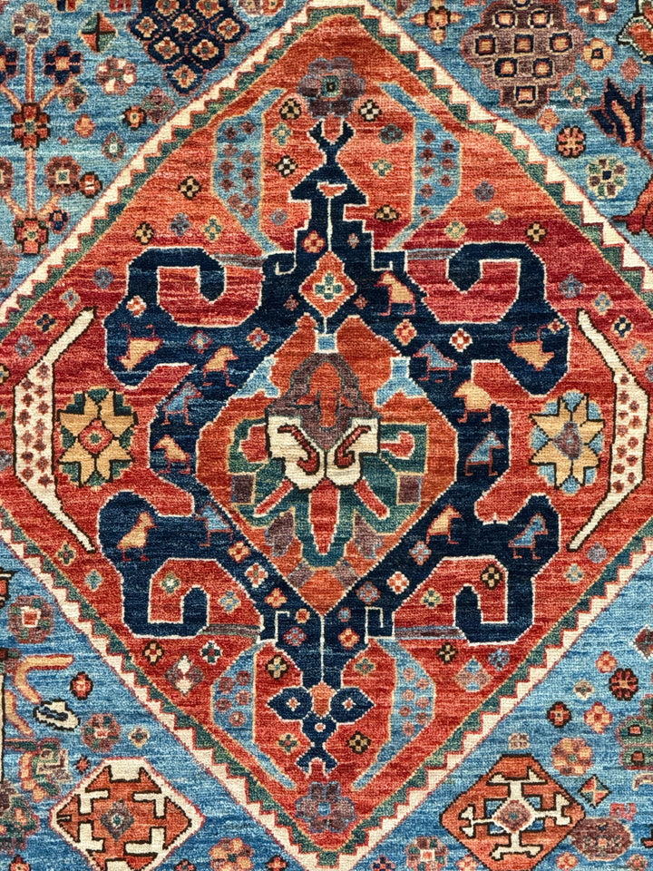 Samarkand – Sky Blue &amp; Terracotta Square Geometric Medallion Rug – 4’1” x 4’2”